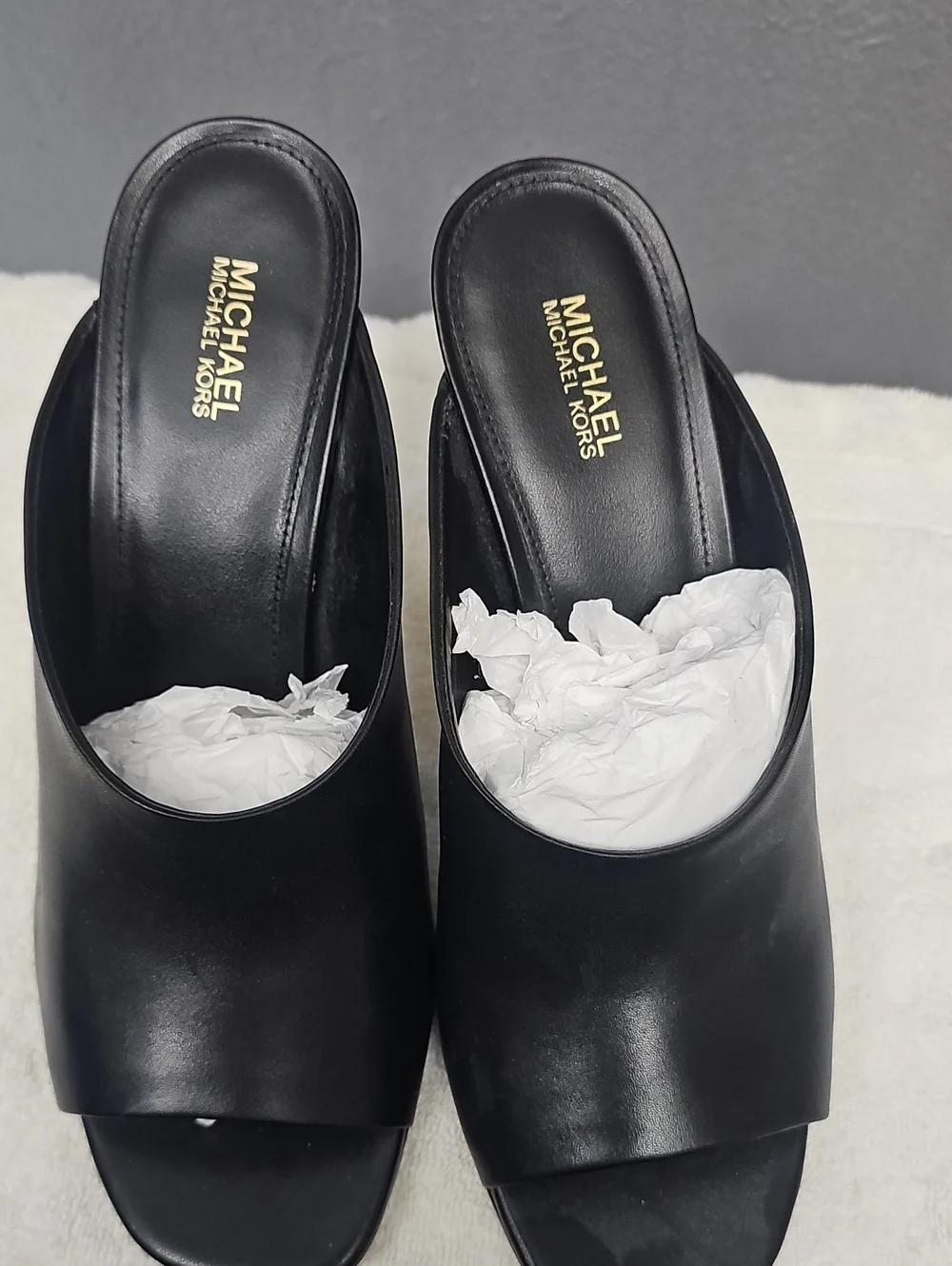 Michael Kors Black Leather Open-Back Mules with Gold Heel